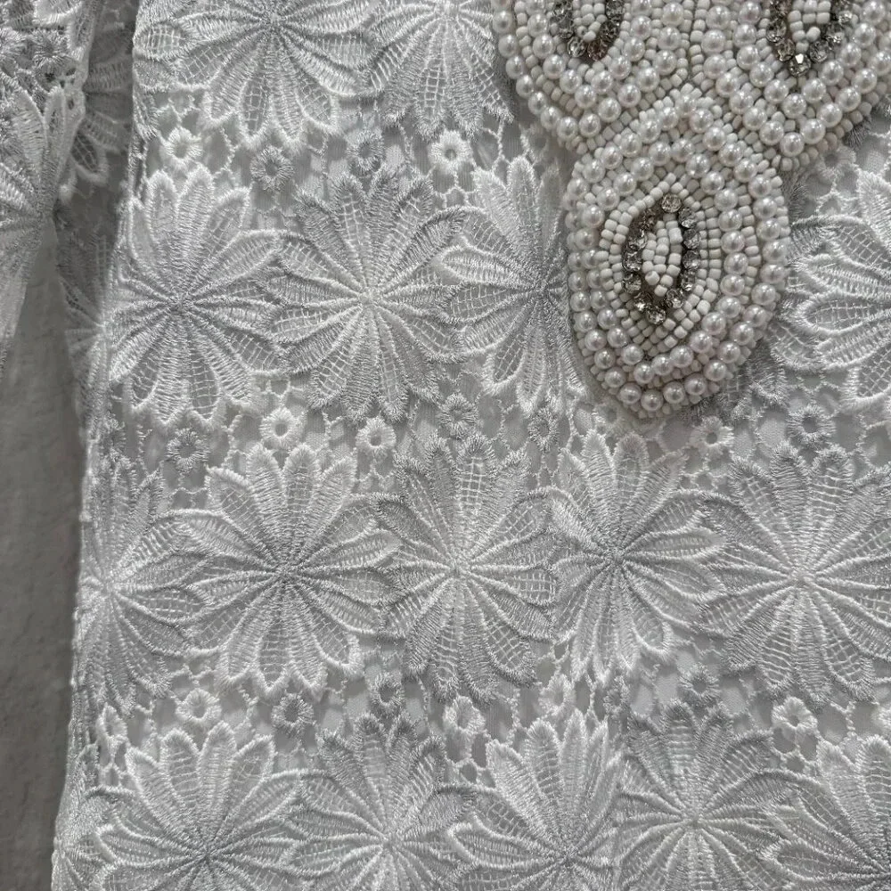 Boston Proper Embellished Metallic Floral Lace Tunic Dress White/Silver Size XS - Picture 7 of 16